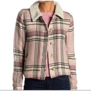 Susina Faux Shearling Collar Plaid Jacket Pink Medium Petite